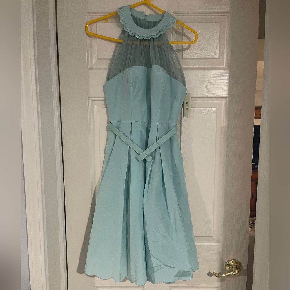 NWT BHLDN ANTHROPOLOGIE‎ Womens Blue High Neck Mesh Accent Belted Midi Dress 2